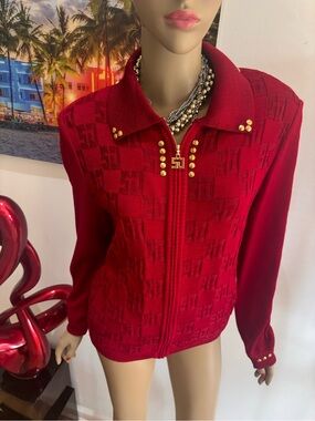 St. John Red Knit Zip Blazer Gold Studs twinset blazer L 12 14 embellished